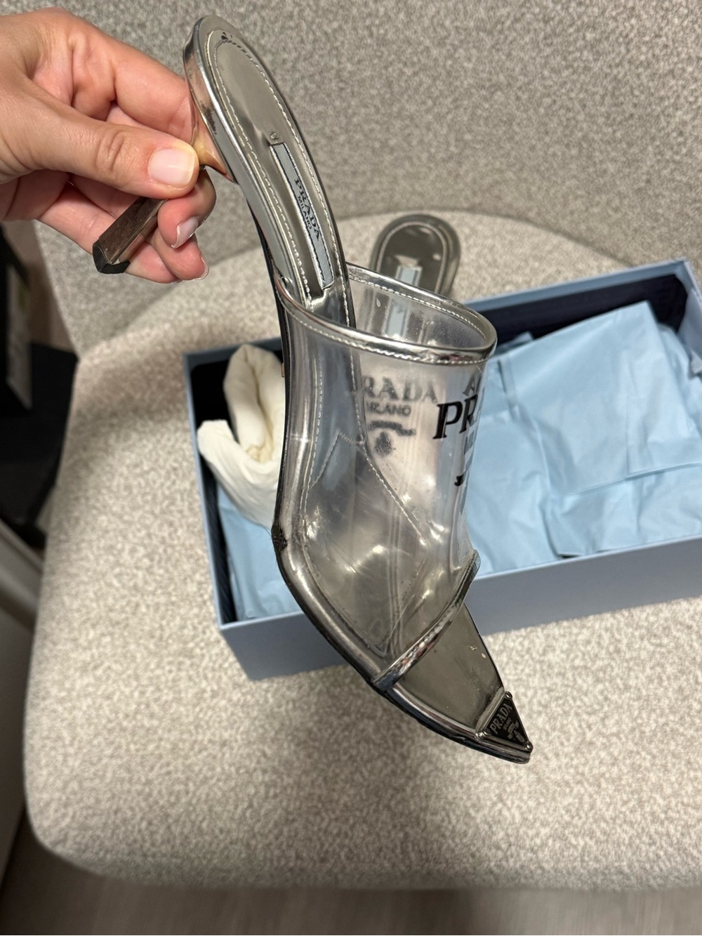 Prada White and Silver Logo Slide Sandals - Picture 2 of 4